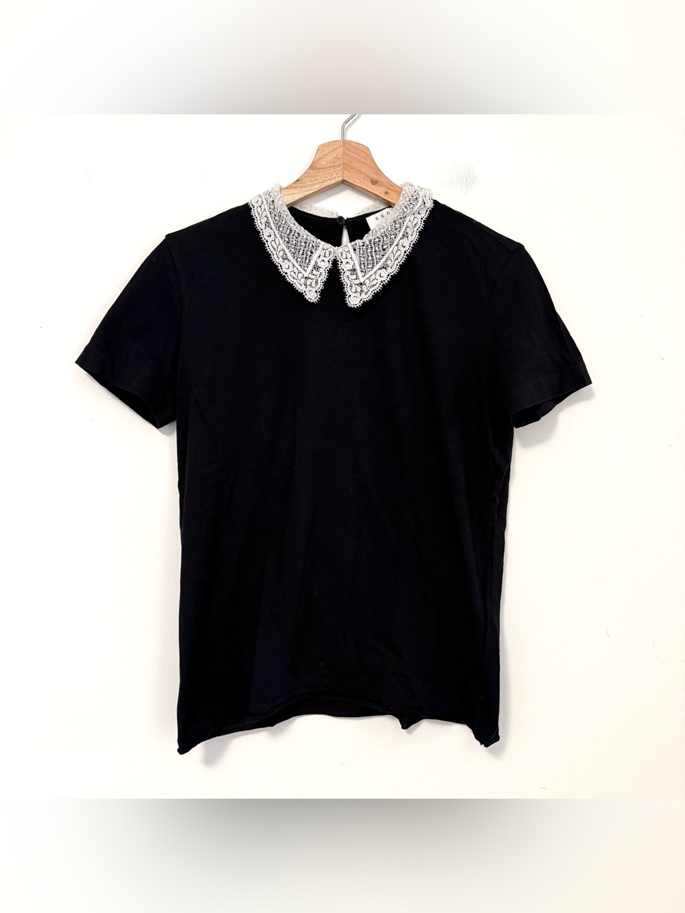 Sandro Paris Black Cotton Top White Lace Peter Pan Collar Size 2 US M